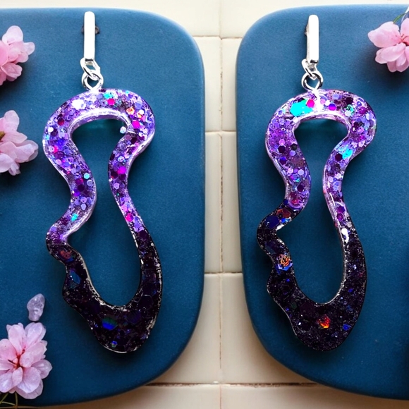 Hand Crafted Jewelry - Handmade Resin Geode Inspired Purple and Black Glitter Dangle Stud Bar Earrings